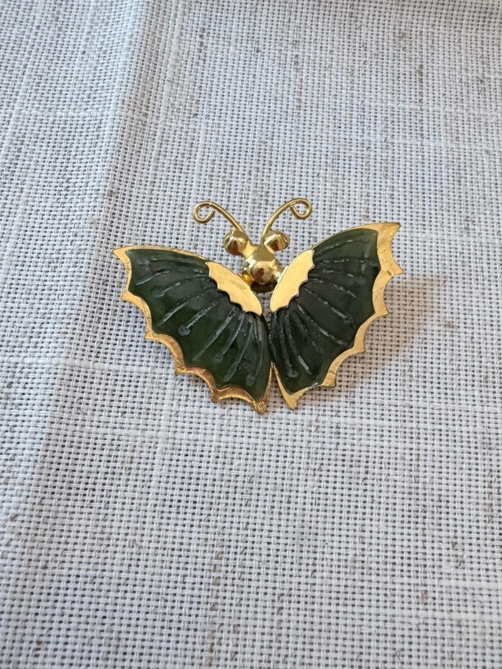 Vintage Mid-Century Nephrite Jade Butterfly Brooch Pin, Carved Green Jade Wings,